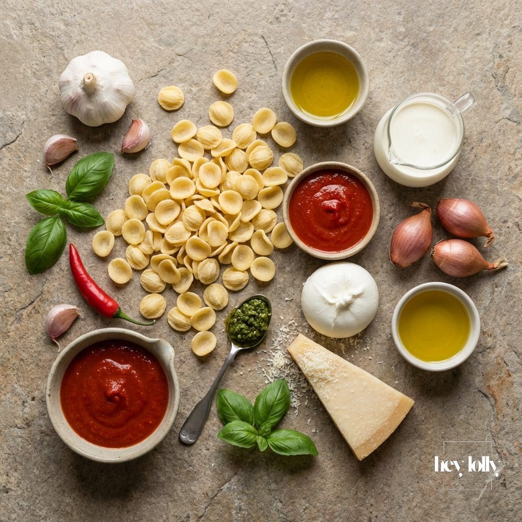 flatlay overhead shot of ingredients for pasta alla vodka
