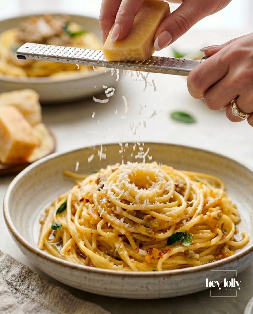 Grating parmesan over preserved lemon pasta with walnut pesto