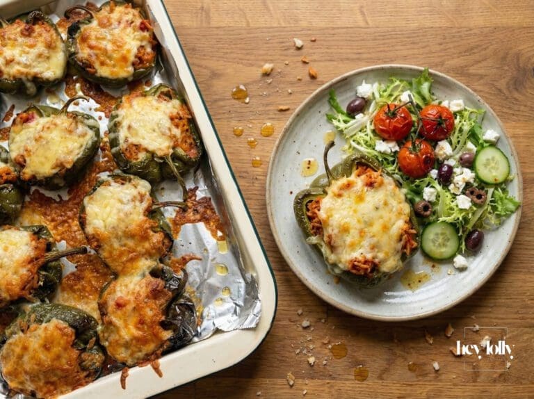 stuffed peppers with spicy rice overhead plated shot
