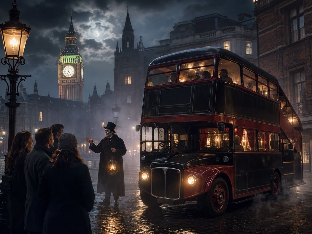 Vintage London ghost bus tour at night