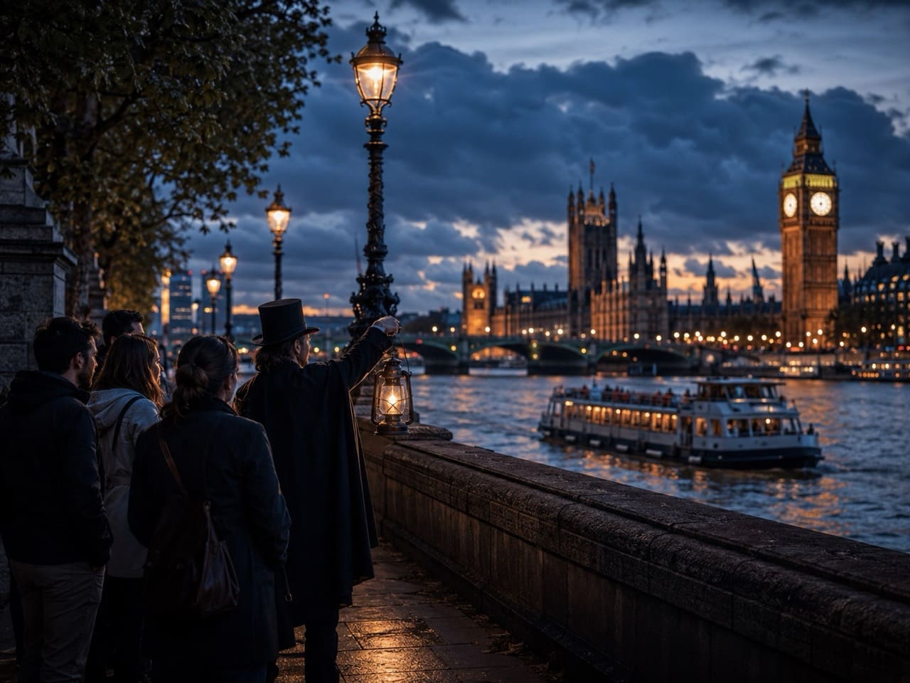 Moody River Thames scene for a London ghost walk and Thames boat ride