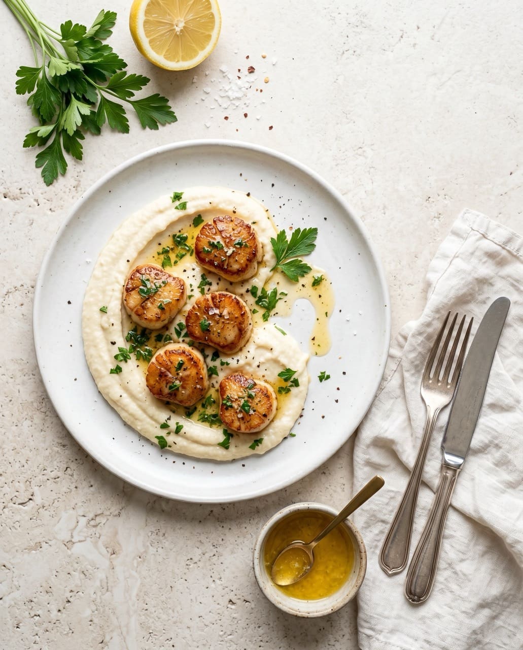Garlic butter scallops with cauliflower purée low-carb recipe from The Low-Carb Edit by Hey Lolly