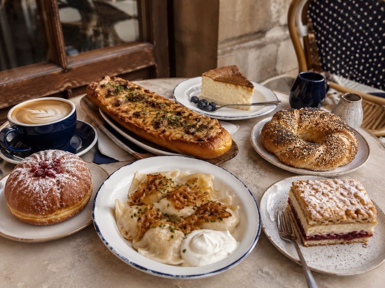 Krakow food table with pierogi, zapiekanka, pastries and coffee for a digital food guide