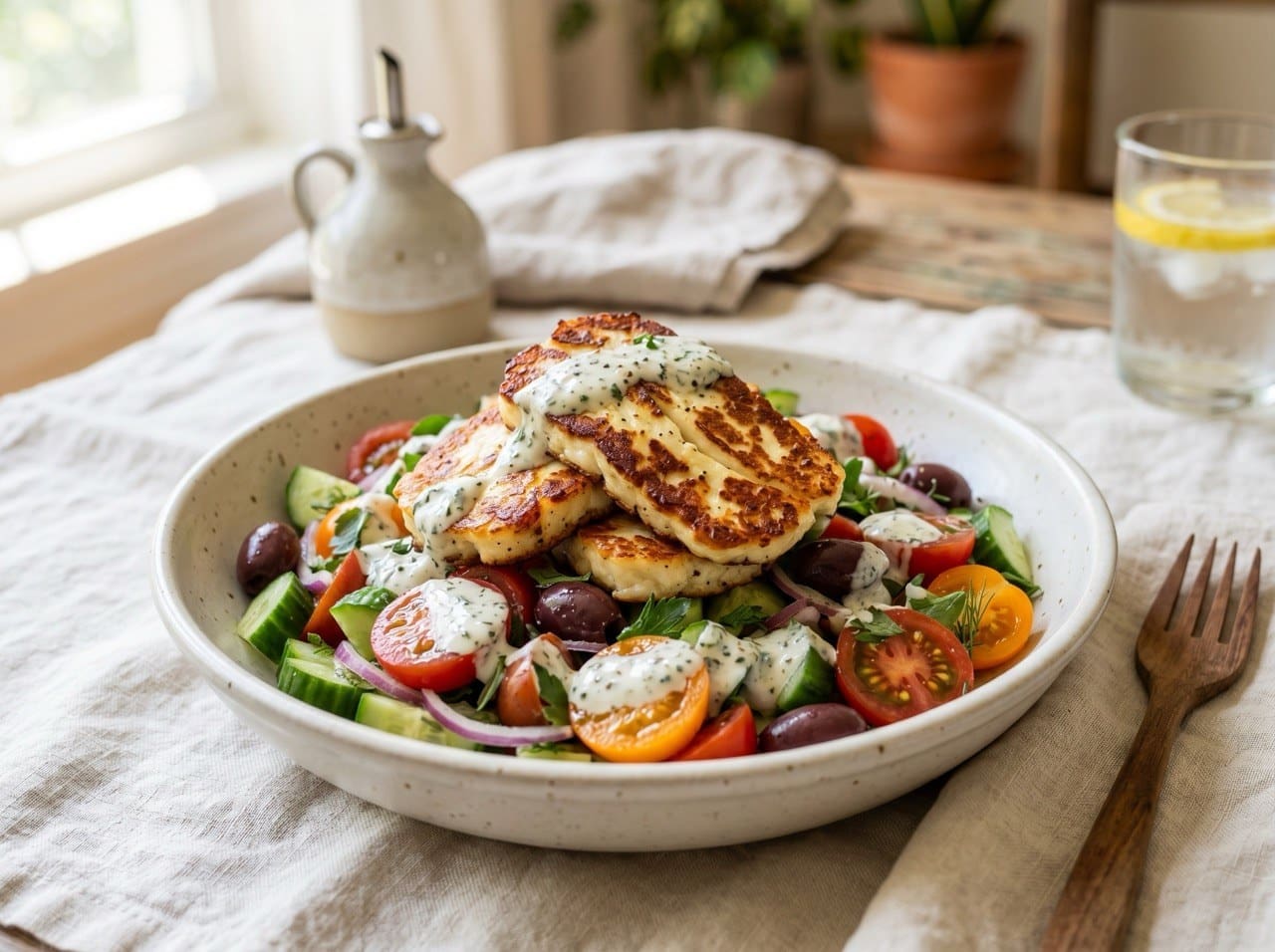 Crispy Halloumi Greek Salad Bowls low-carb recipe from The Low-Carb Edit