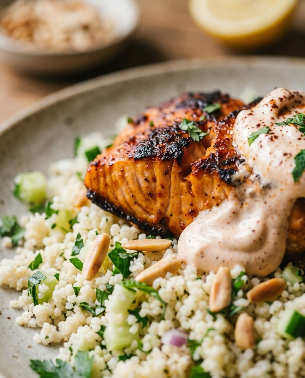 Harissa salmon with cauliflower couscous low-carb recipe