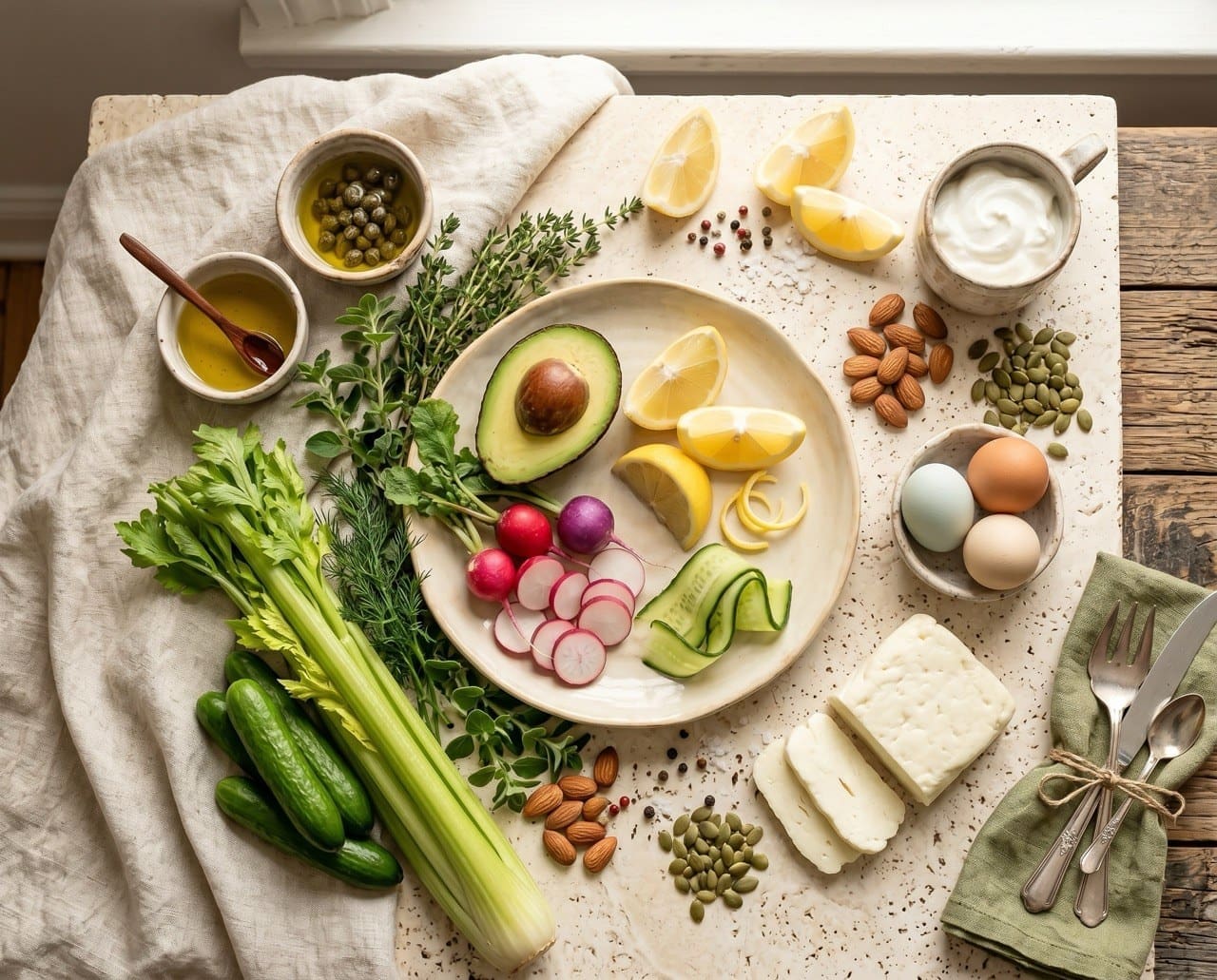 Low-carb recipes pantry guide with herbs, citrus, vegetables and Mediterranean ingredients
