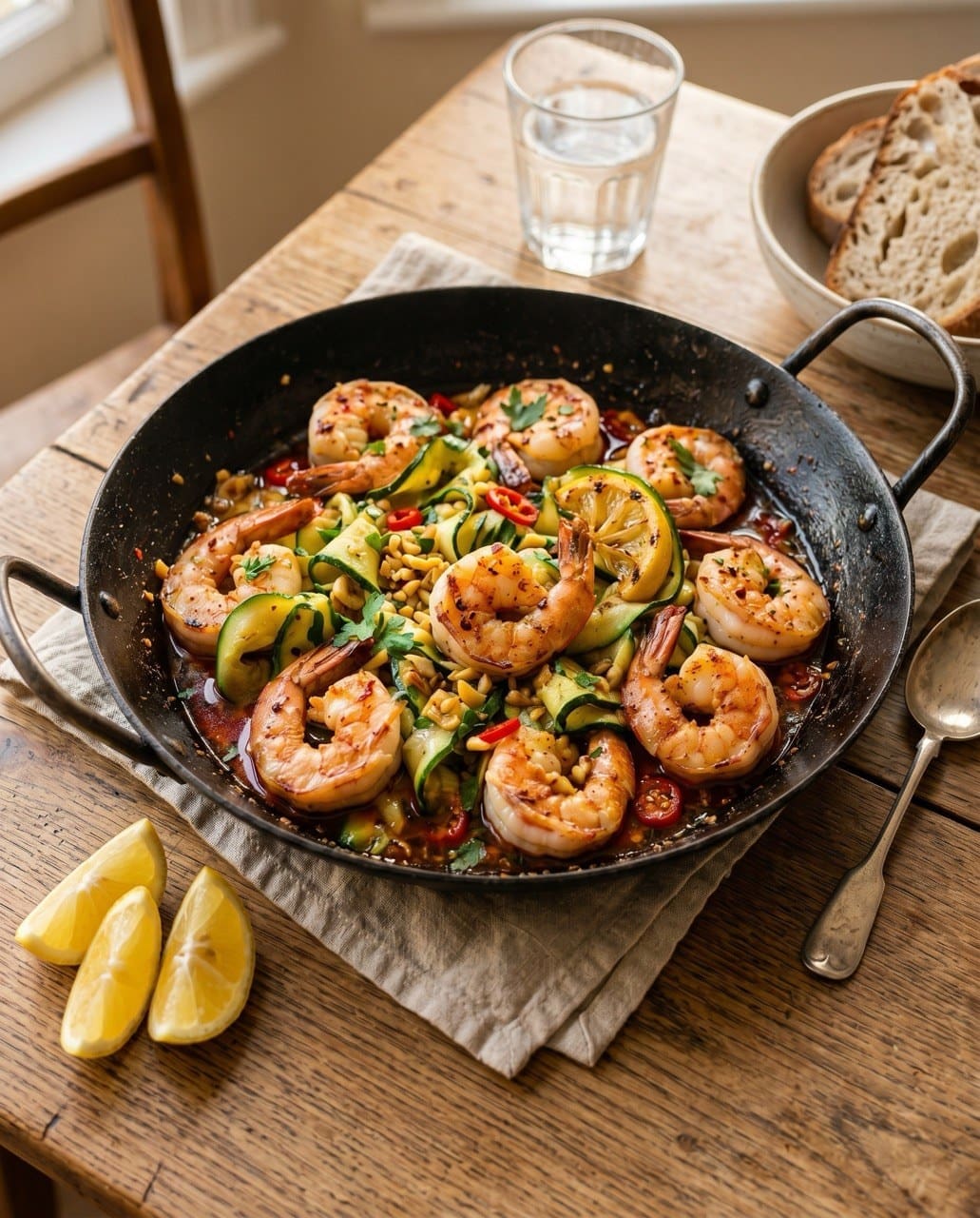 Chilli garlic prawns with courgette ribbons low-carb recipe