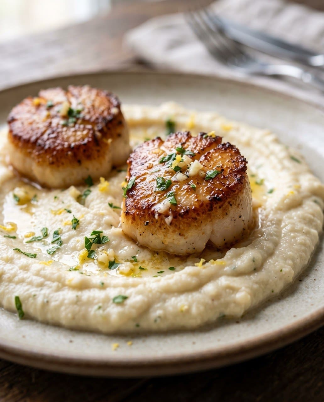 Garlic butter scallops with cauliflower purée low-carb recipe