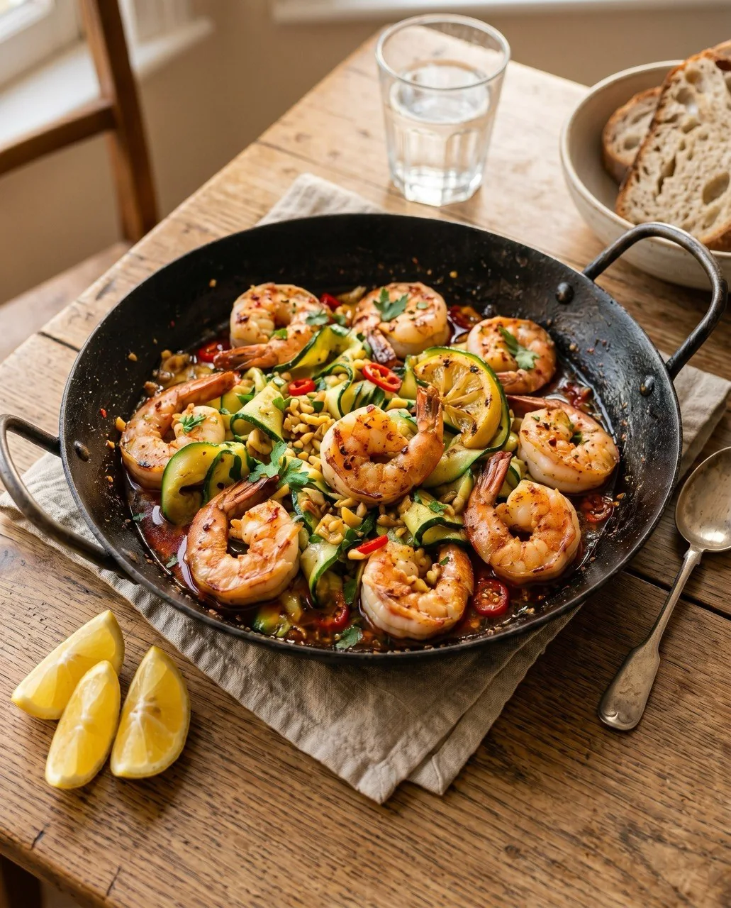 Chilli garlic prawns with ribbons of courgette