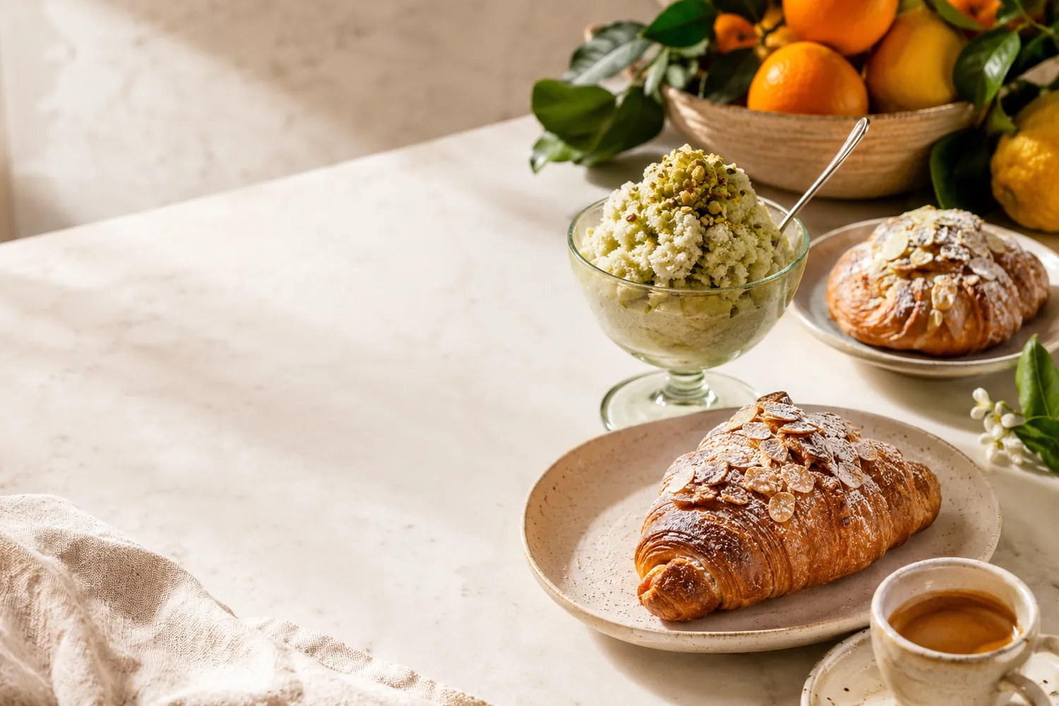 Sicilian breakfast of pastry, granita, espresso and citrus