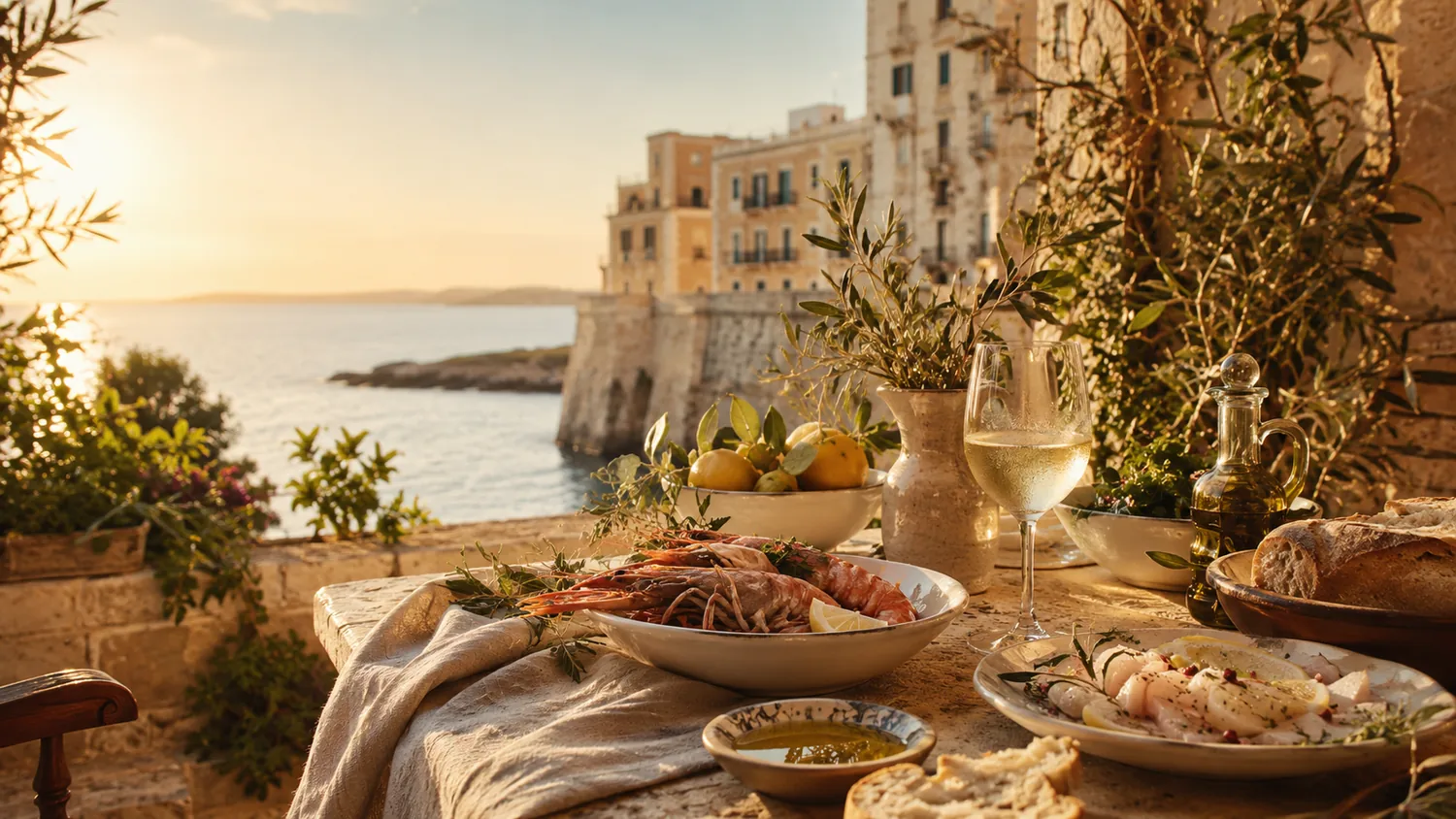Seafood and wine on a terrace in Ortigia, Sicily