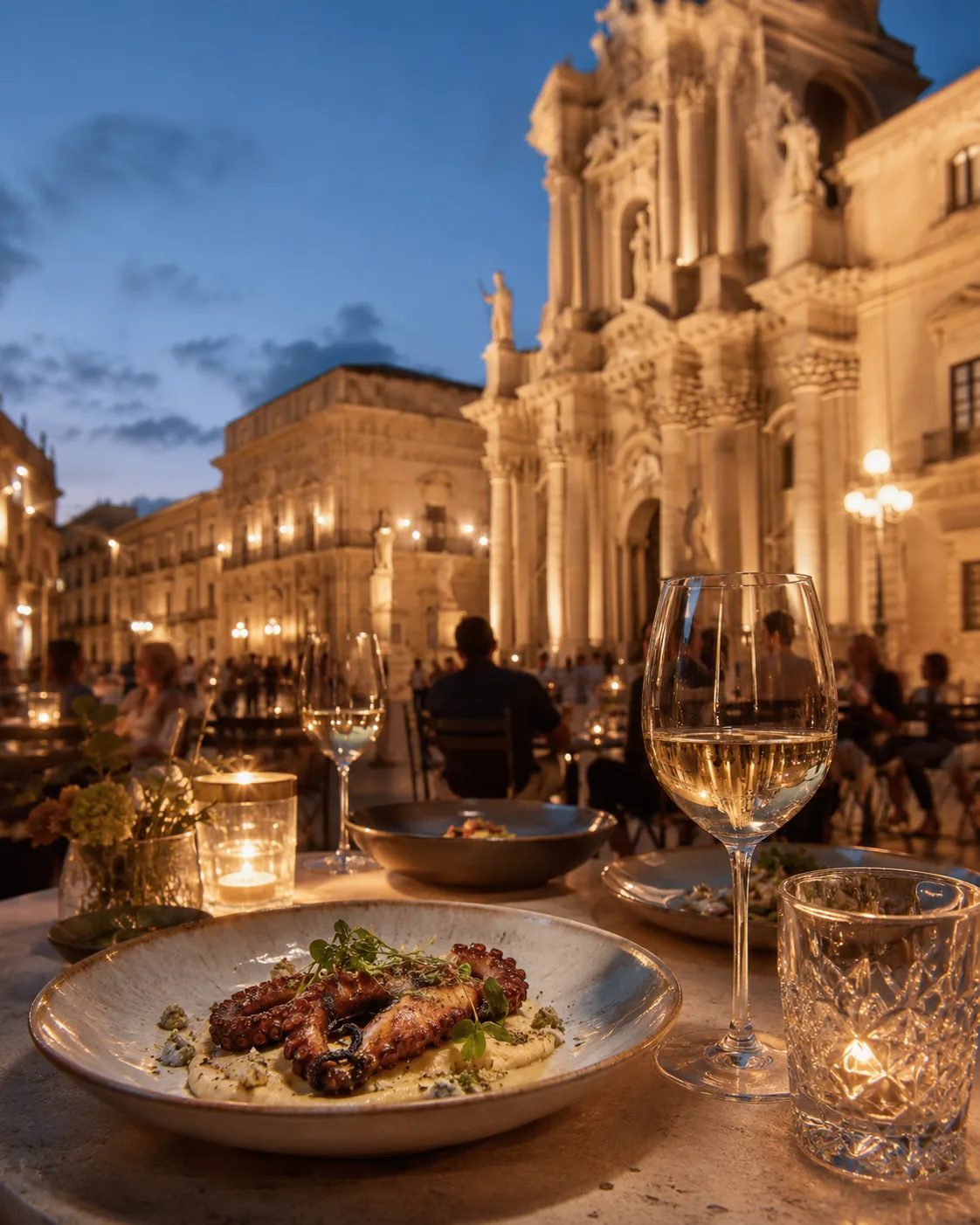 Candlelit restaurant table in a Sicilian piazza