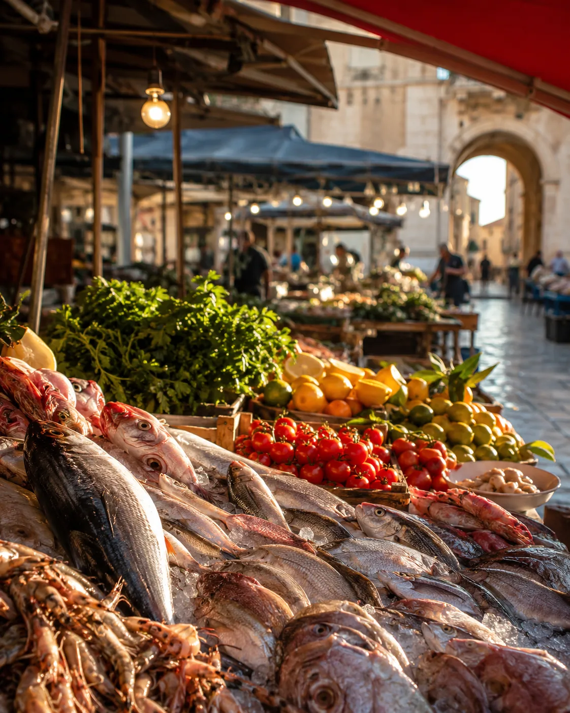 Colourful stalls of fresh produce at the Ortigia market