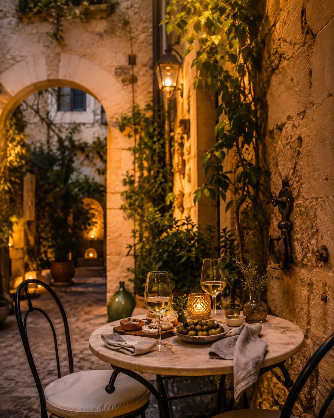 A softly lit wine courtyard in Ortigia