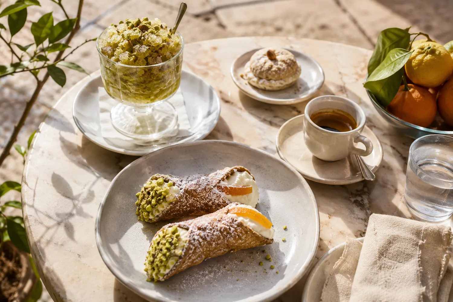 Cannoli, pistachio granita, espresso and citrus on a sunlit café table.