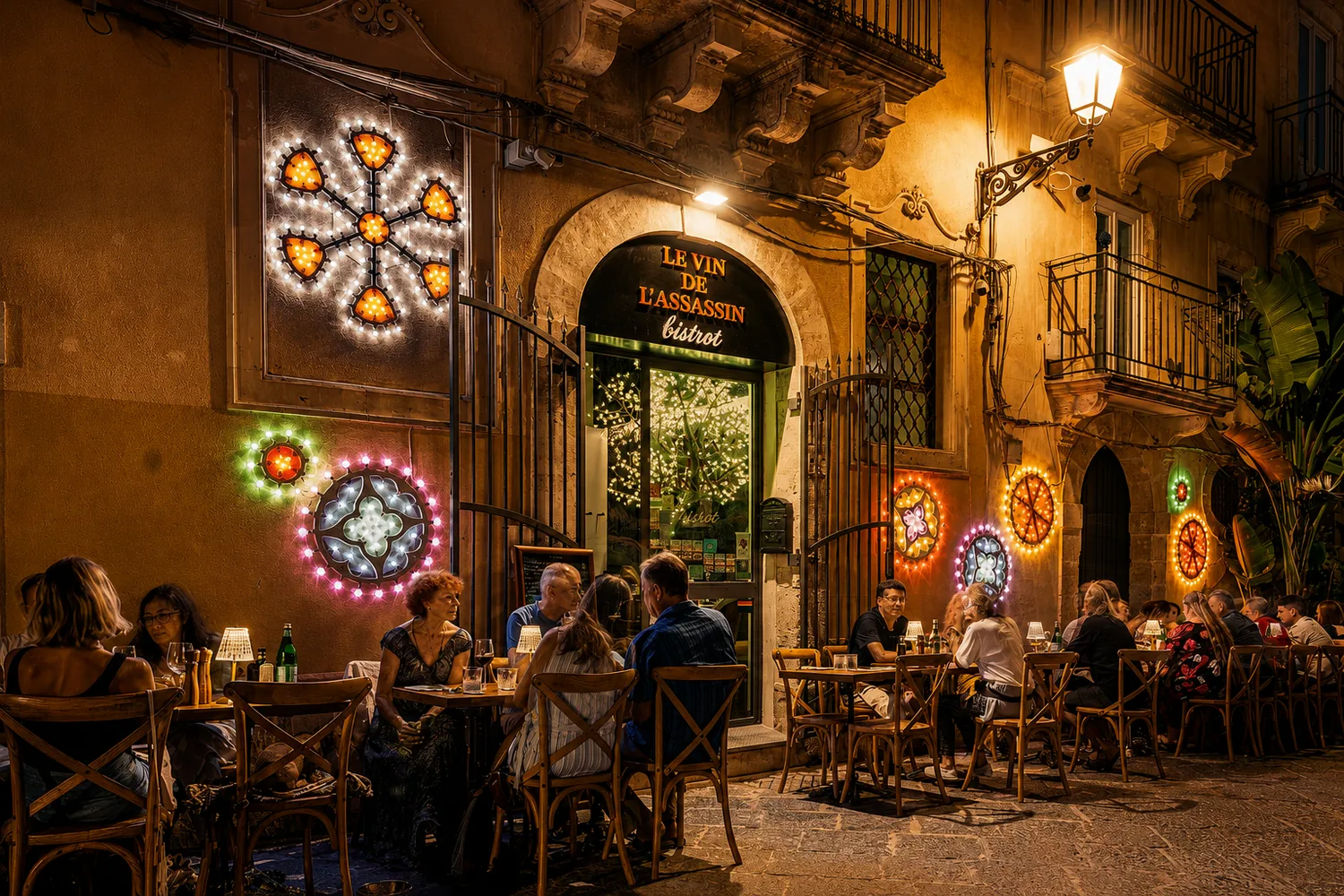 Le Vin de L’Assassin Bistrot entrance in Ortigia at night