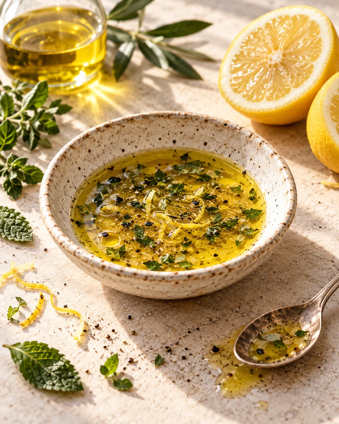 Simple lemon and extra virgin olive oil dressing in a handmade ceramic bowl with fresh herbs