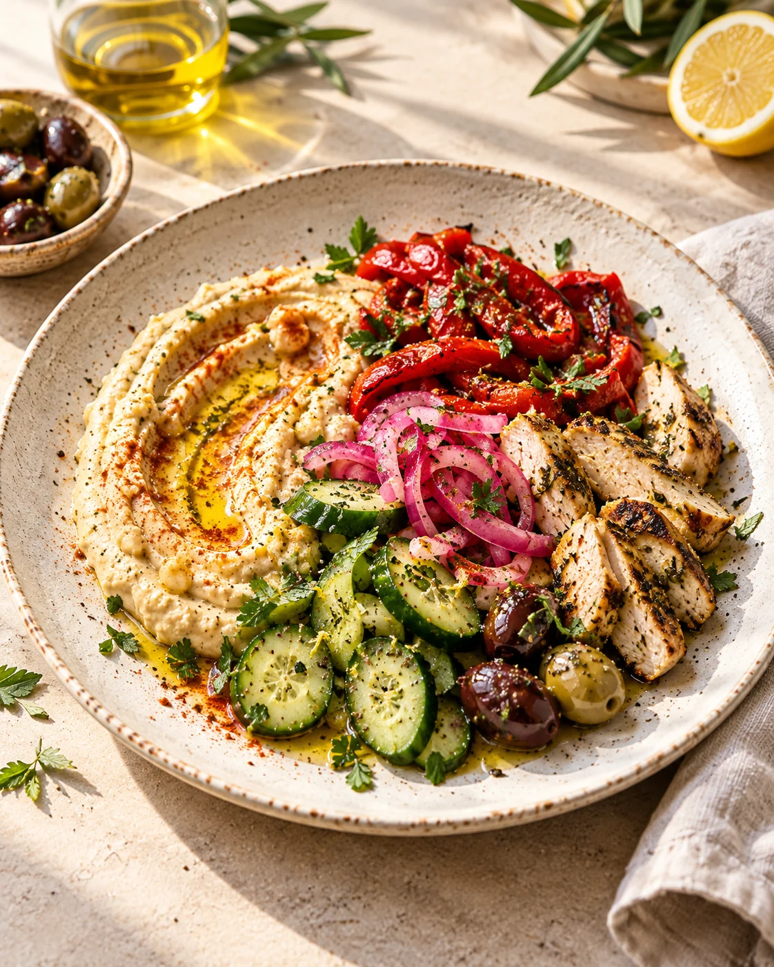 Mediterranean mezze lunch plate with hummus, chicken, cucumber, roasted peppers, olives and pickled onions