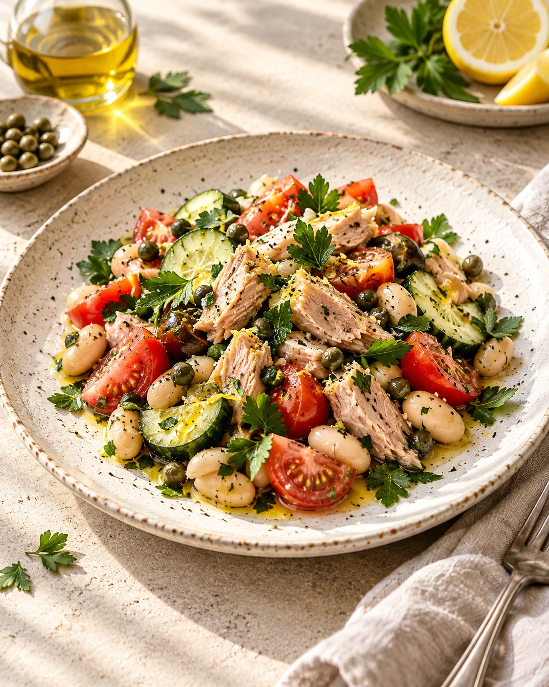 Fresh Mediterranean lunch with tinned tuna, white beans, tomatoes, cucumber, capers and parsley