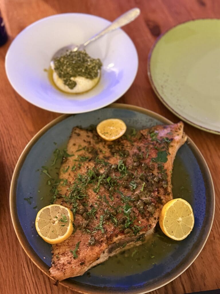 Skate wing with burnt butter, chives and capers, simple fish-led flexitarian recipes