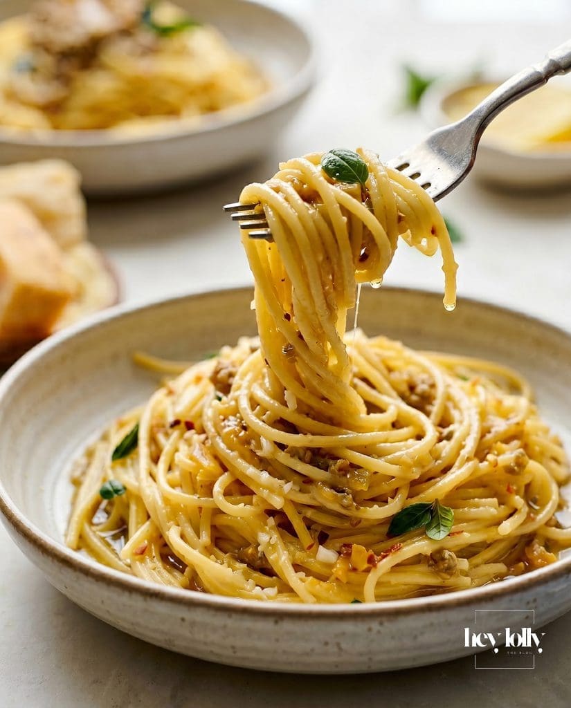 Fork twirling preserved lemon spaghetti coated in buttery sauce with parmesan
