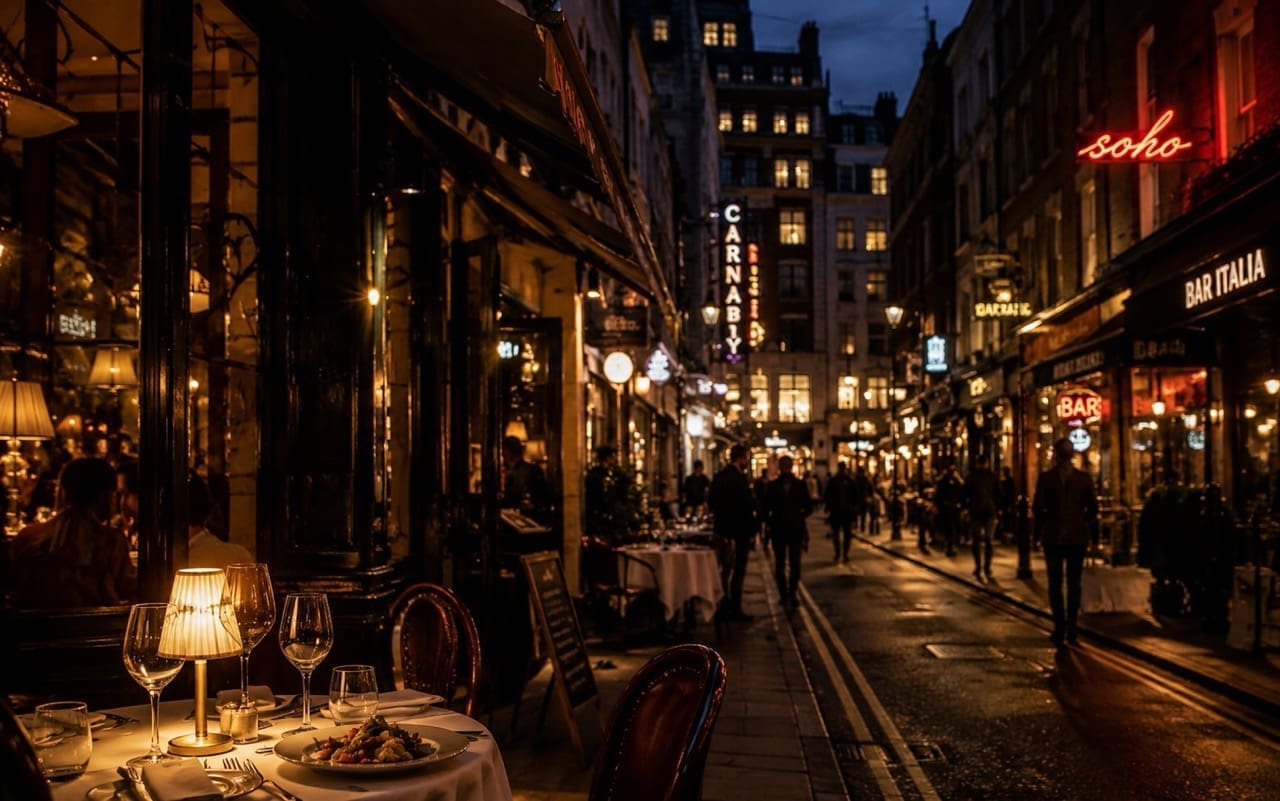 Soho restaurants and cocktail bars showing where to stay in London for food lovers